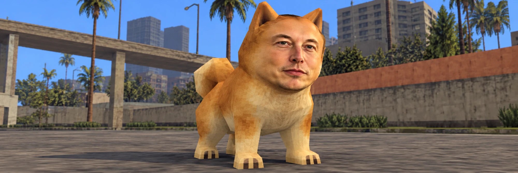 DOPELON standing in a sunny low-poly city street